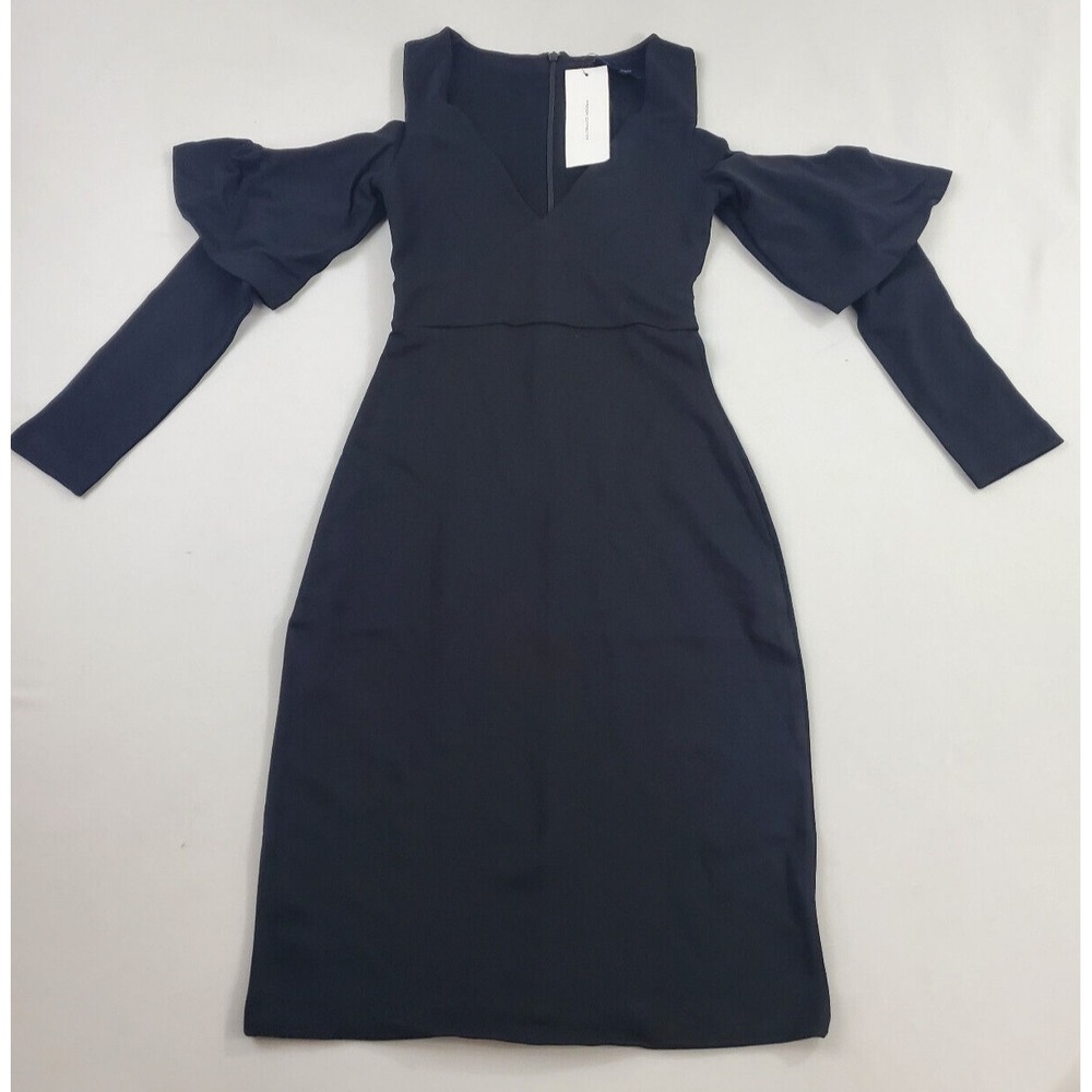 French Connection Beau Viscose Black Cold Shoulder Ruffle Dress 71JCS Size 0